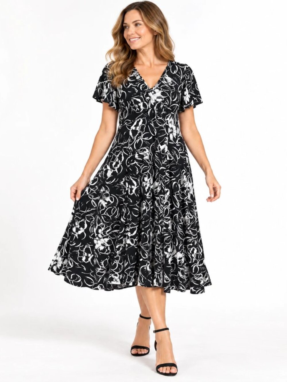 Chaps Floral Midi Dress M Black White Empire Waist Fit & Flare Flutter Sleeve